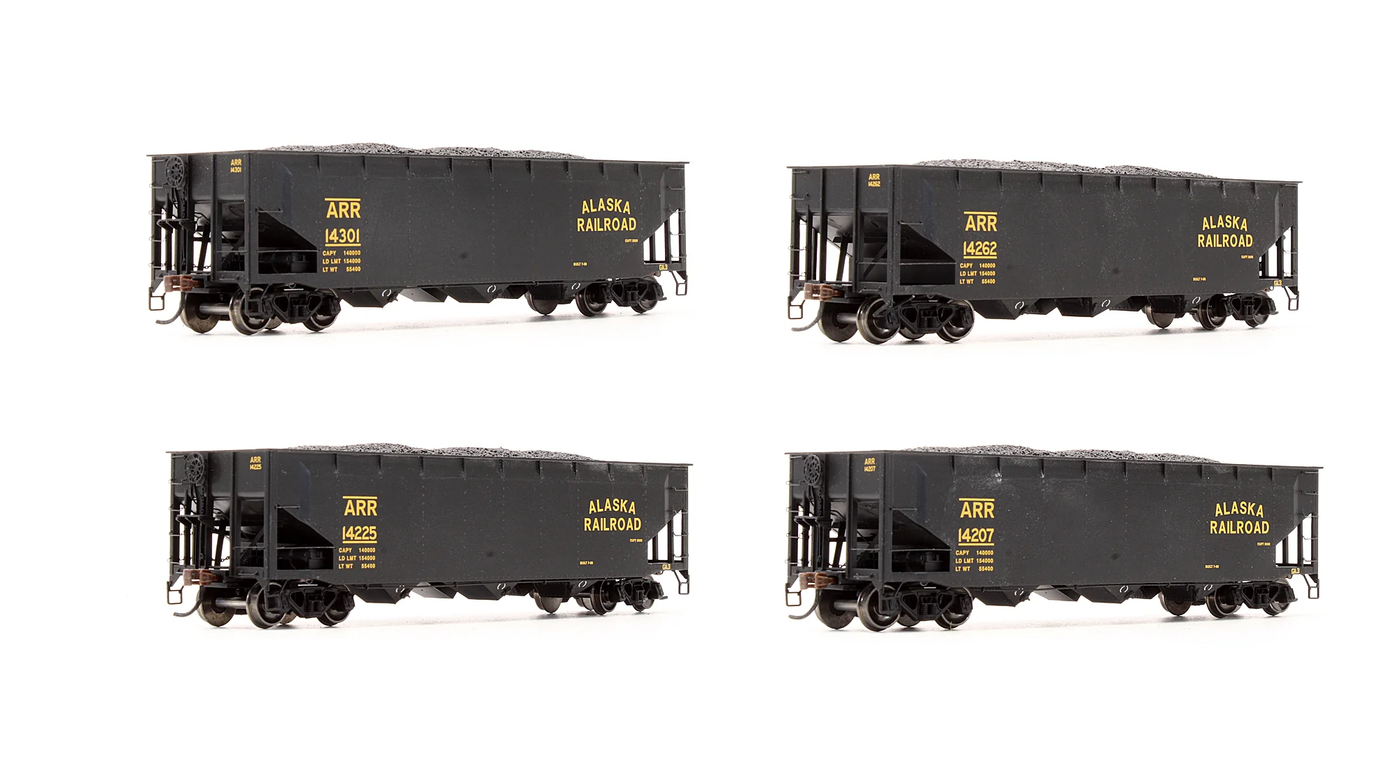 Pre-Owned ATH7042 Alaska Railroad 40' 3-Bay Offset Open Hopper 14207, 14225, 14262, 14301 With Coal Loads