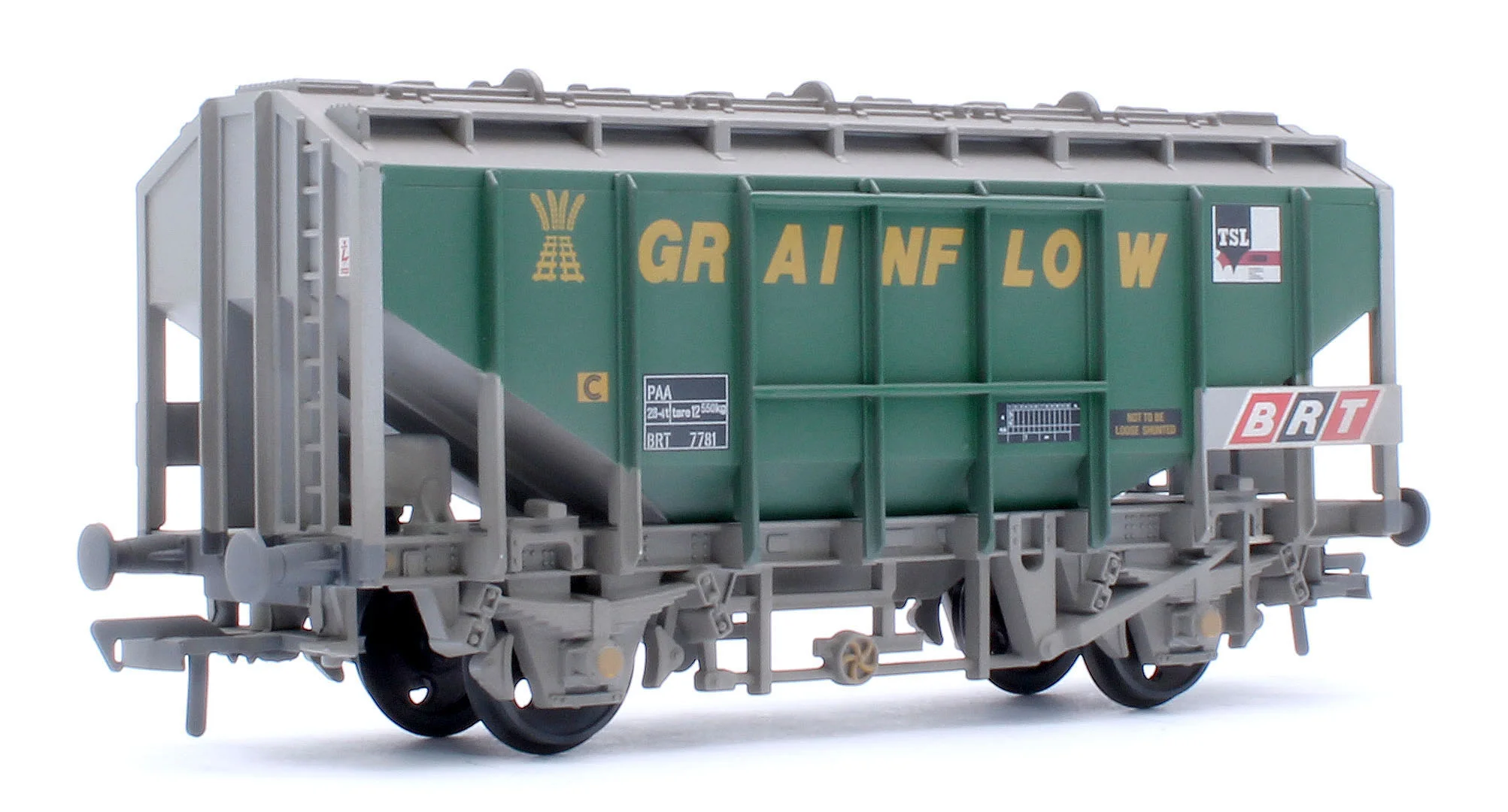 33-132B 35 Ton PAA Bulk Grain Wagon 'Grainflow' Green & Grey No. BRT 7781 - Weathered - Image 3