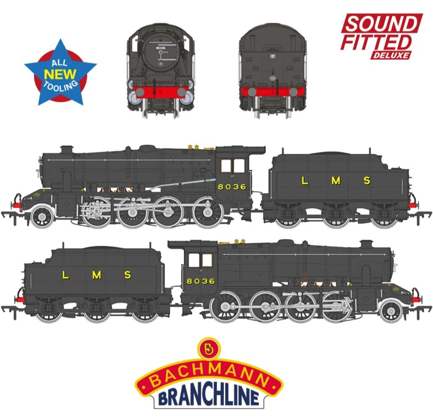 35-225SFX LMS 8F with Riveted Tender 8036 LMS Black Steam Locomotive - DCC Sound Deluxe