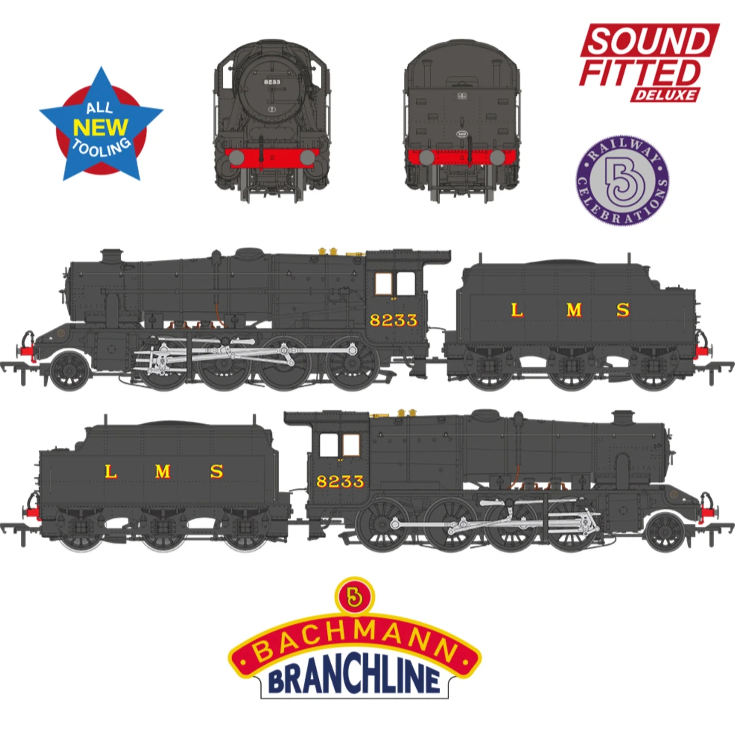 35-226SFX LMS 8F with Riveted Tender 8233 LMS Black Steam Locomotive - DCC Sound Deluxe