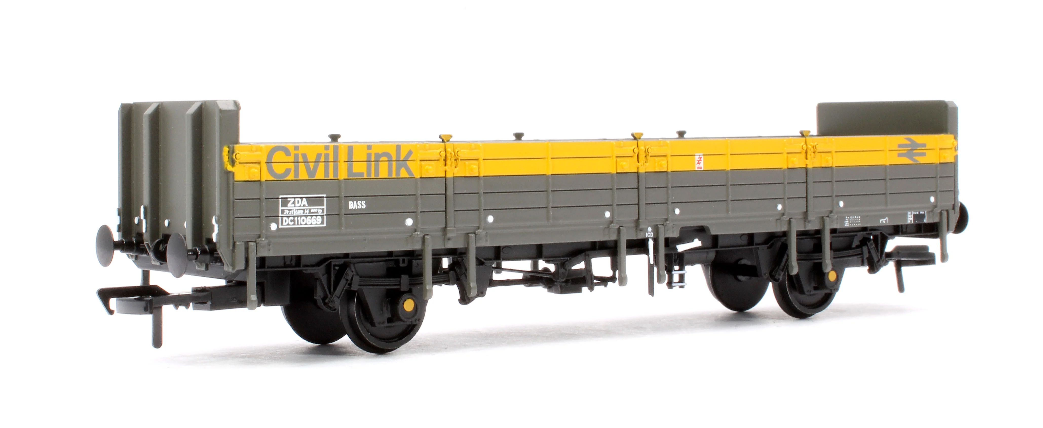 38-047 BR ZDA 'Bass' Open Wagon Low Ends BR Eng. 'Civil Link' Grey & Yellow No.DC110669