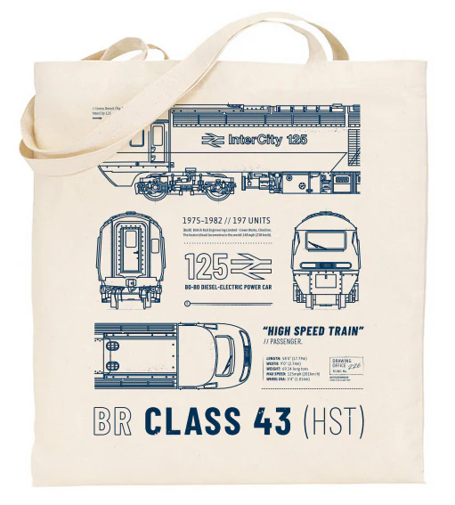 CLASS43-TOTE-W Class 43 HST Technical Drawing Blueprint Railway Tote Bag (Off-White)