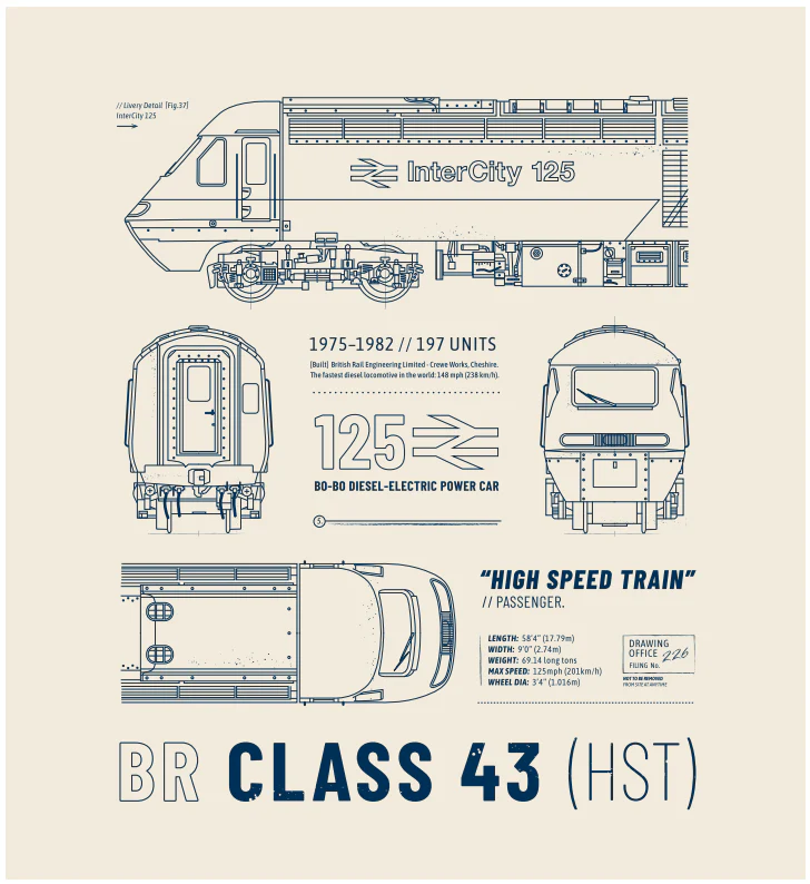 CLASS43-TOTE-W Class 43 HST Technical Drawing Blueprint Railway Tote Bag (Off-White) - Image 2