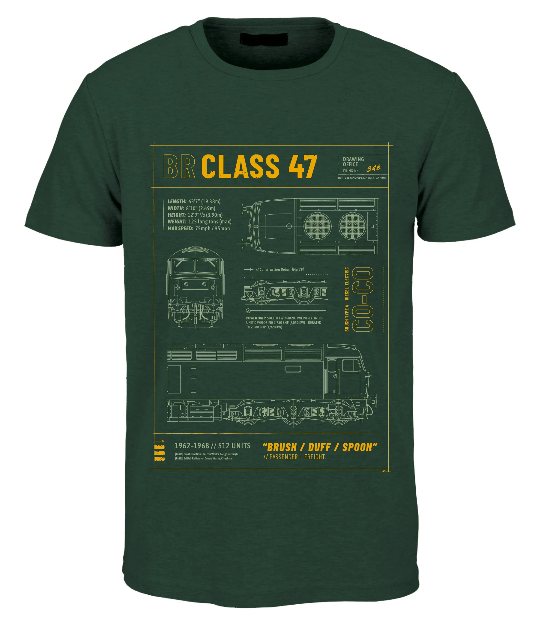 CLASS47-TEE Class 47 Technical Drawing Blueprint Railway T Shirt (Green)