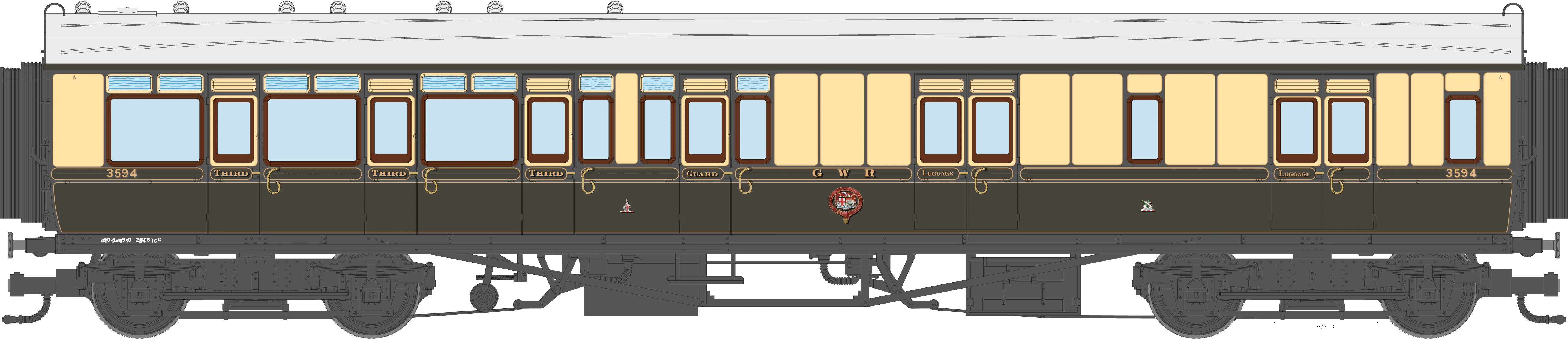 4P-021-104 GWR Corridor Toplight 1925 Lined Chocolate & Cream Brake Third LH 3594