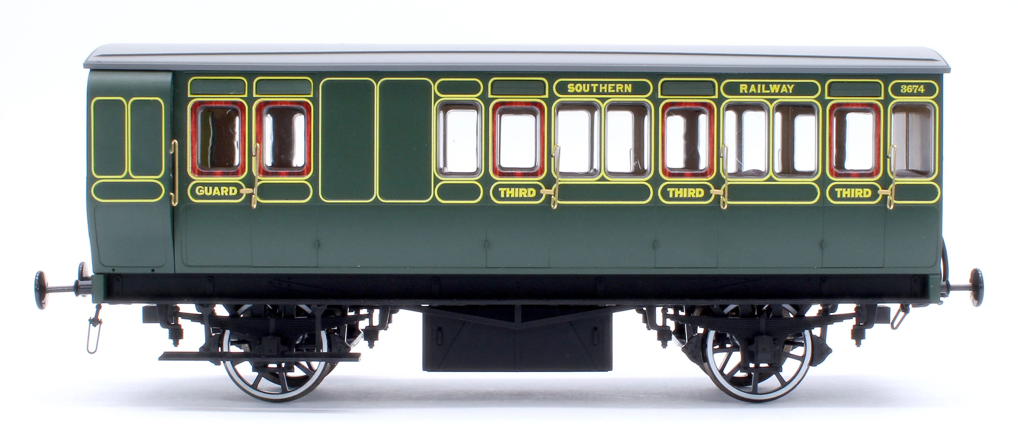 7P-020-552L Stroudley 4 Wheel Electrically Lit Brake 3rd Southern Lined Green 3674 - Light Bar Fitted - Image 2