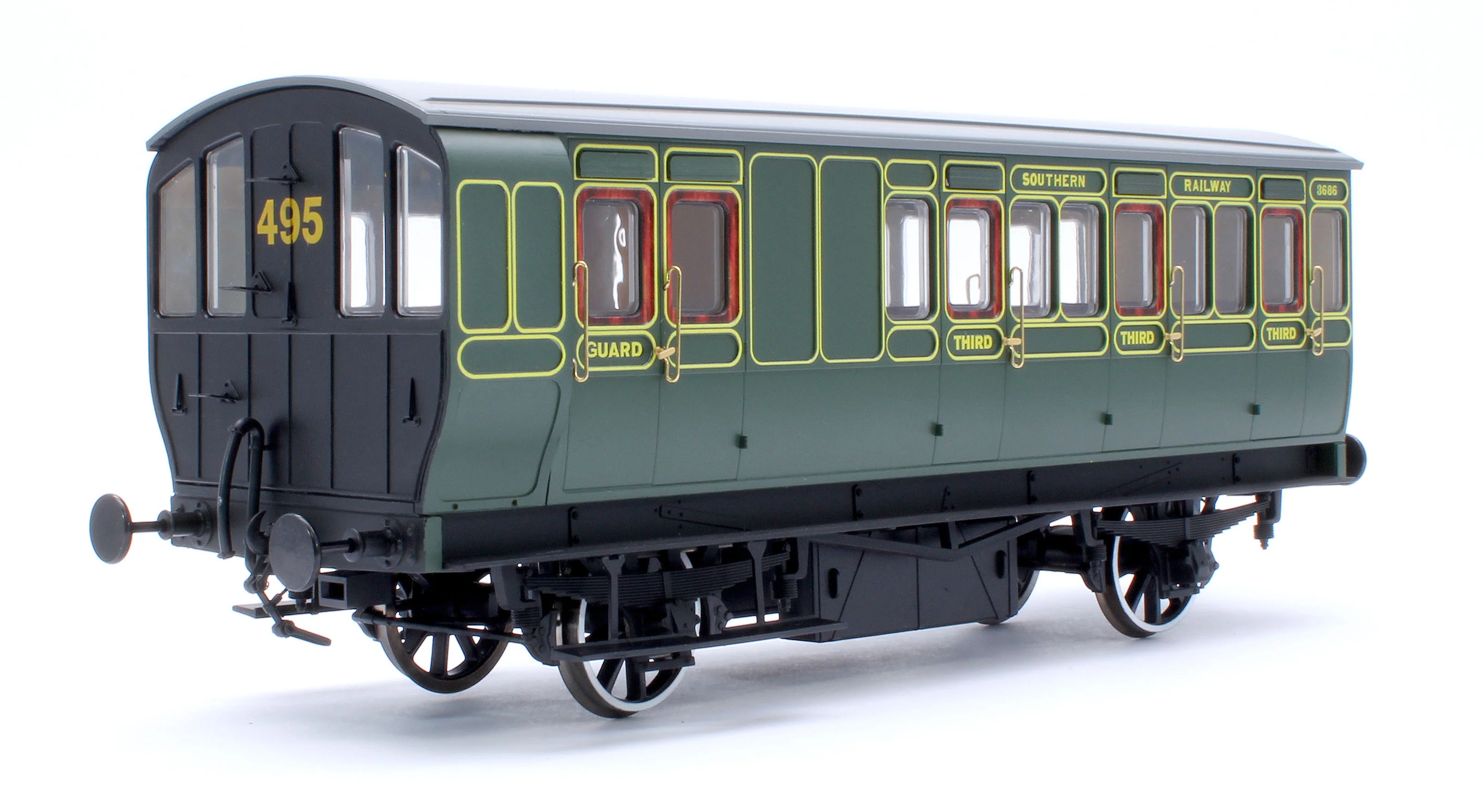 7P-020-553L Stroudley 4 Wheel Electrically Lit Brake 3rd Southern Line Green 3686 - Light Bar Fitted