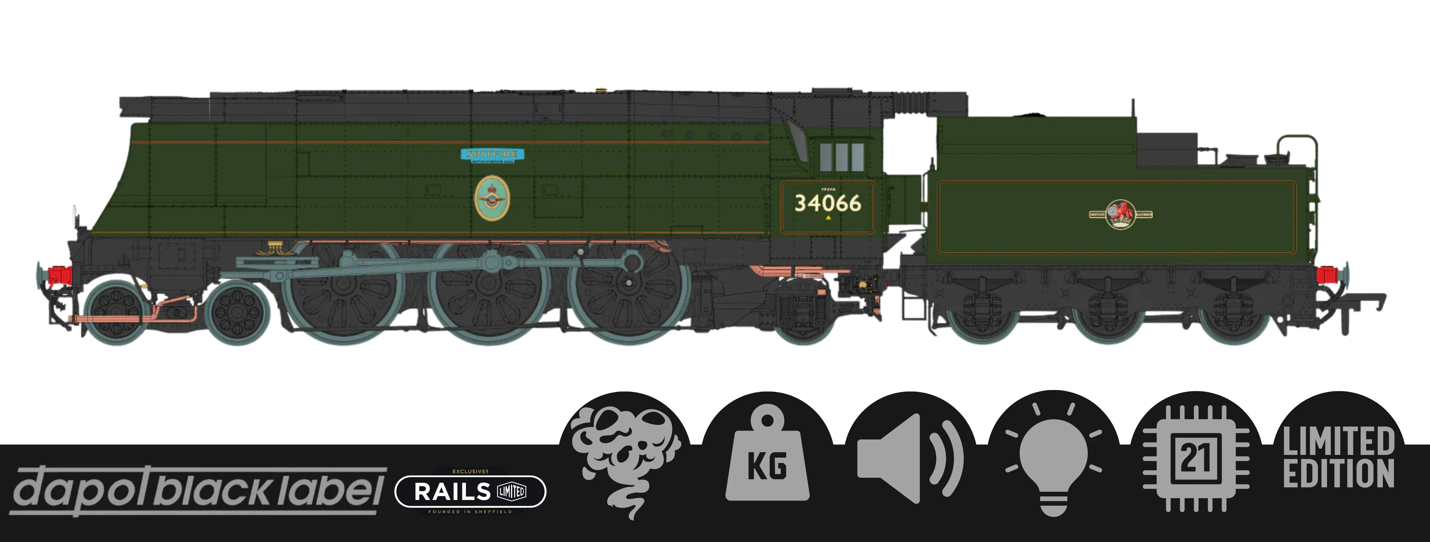 BL-002-002 Black Label Battle of Britain Spitfire 34066 BR Green Late Crest Steam Locomotive - DCC Sound & Smoke - Image 13
