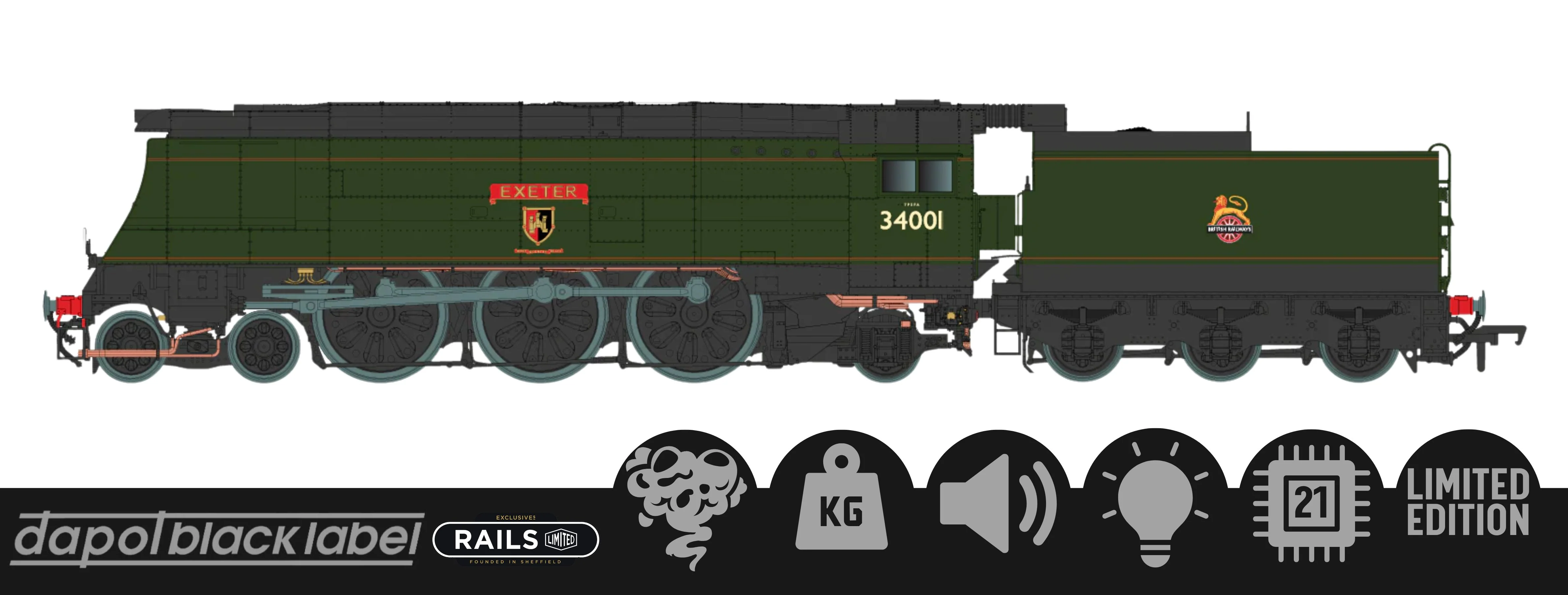 BL-002-005 Black Label West Country Exeter 34001 B.R. Green Early Crest Steam Locomotive - DCC Sound & Smoke - Image 13