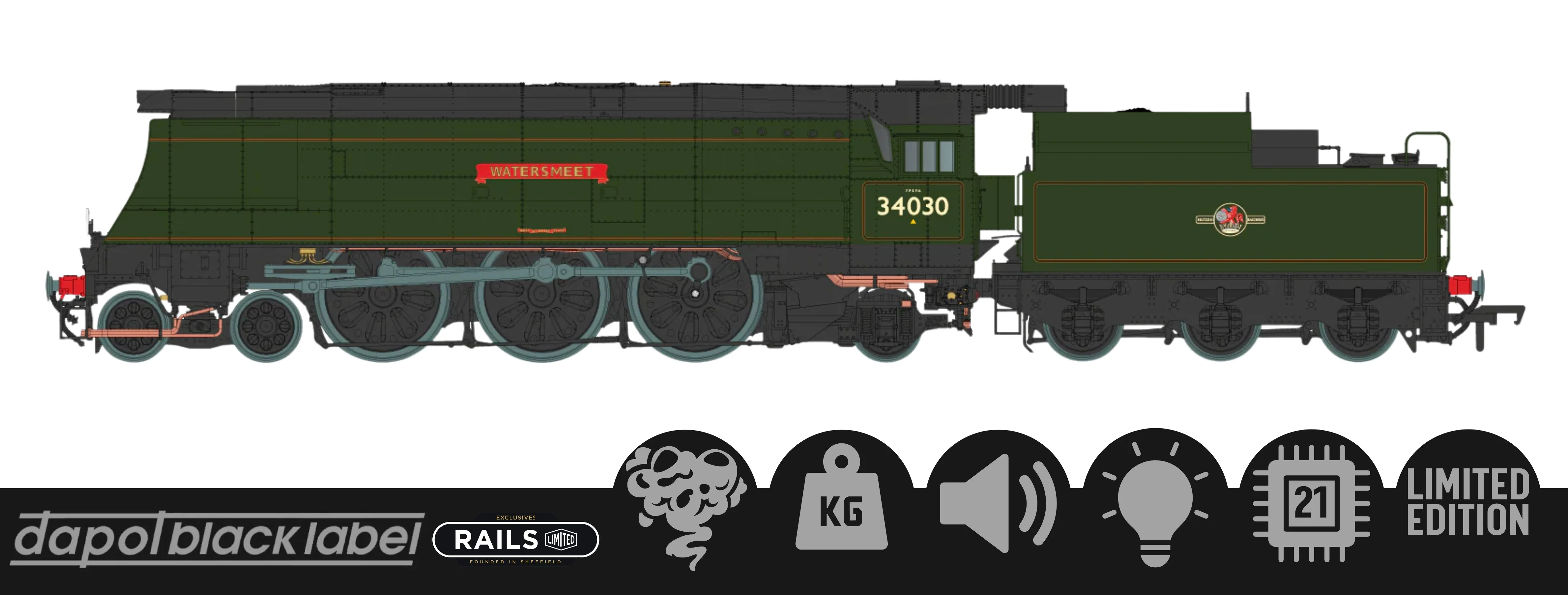 BL-002-006 Black Label West Country Watersmeet 34030 BR Green Totem Steam Locomotive - DCC Sound & Smoke - Image 13