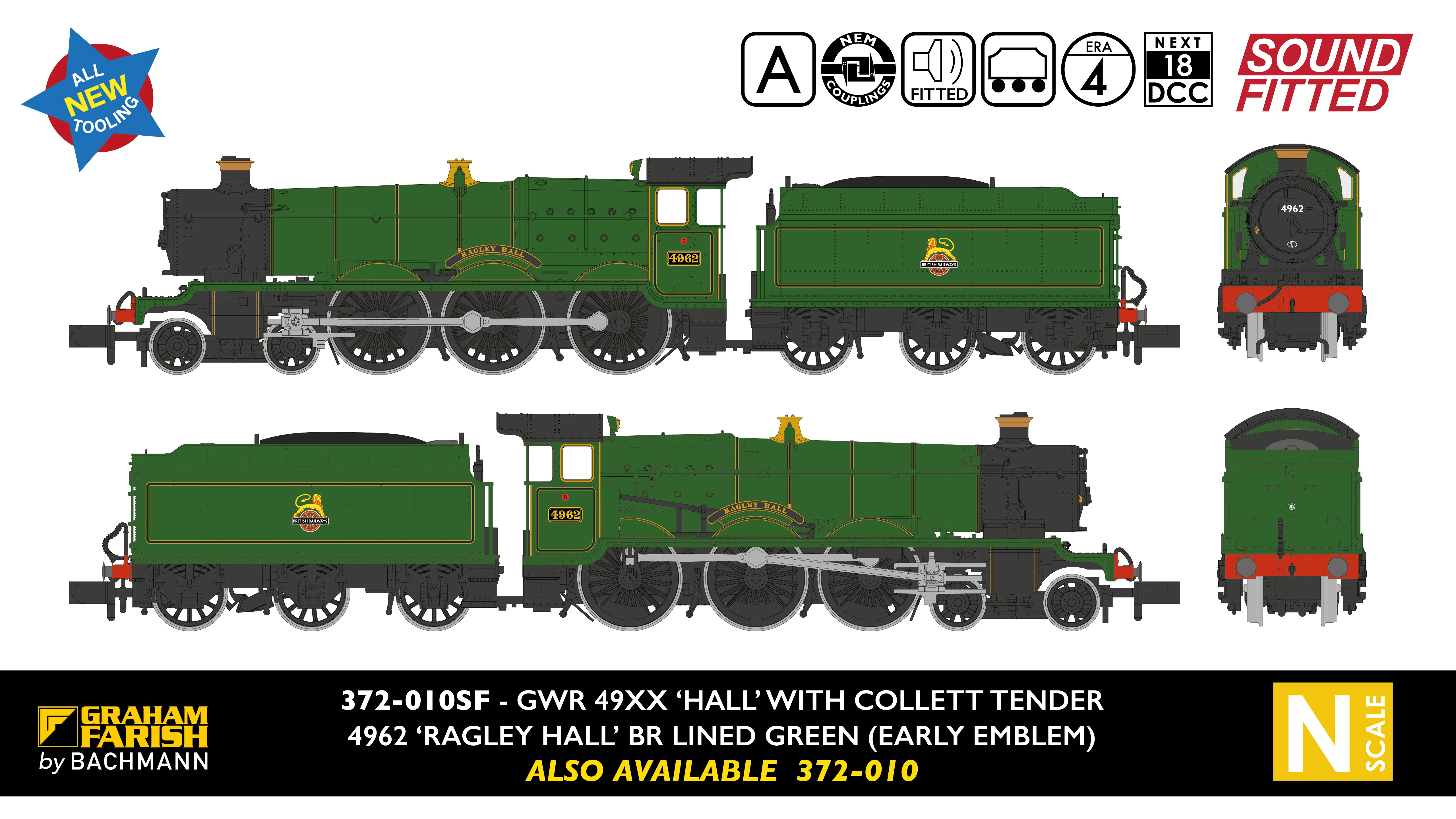 372-010SF GWR 49XX 'Hall' 4962 'Ragley Hall' BR Lined Green (Early Emblem) Steam Locomotive - DCC Sound - Image 9