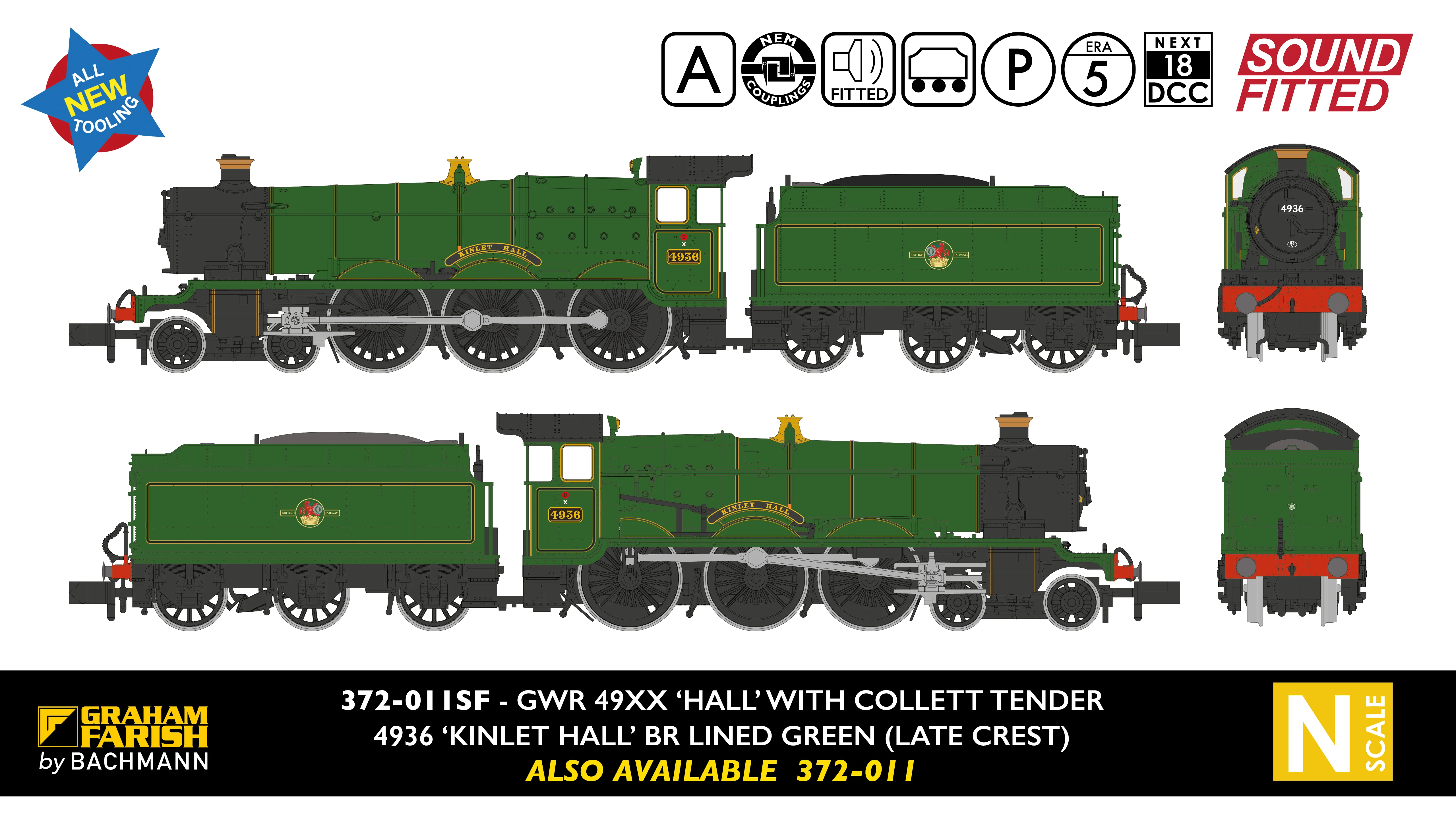 372-011SF GWR 49XX 'Hall' 4936 'Kinlet Hall' BR Lined Green (Late Crest) Steam Locomotive - DCC Sound - Image 8
