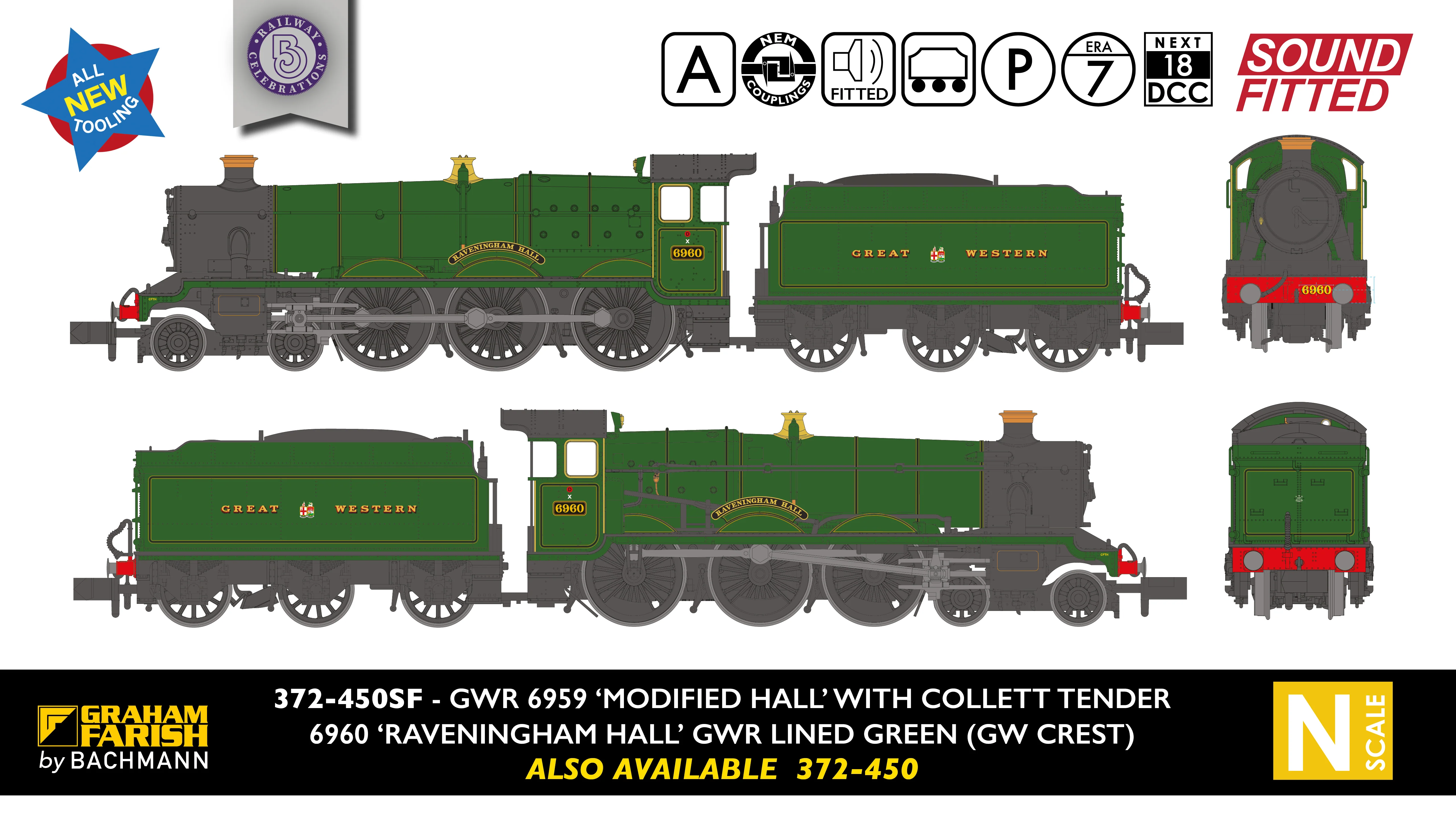 372-450SF GWR 'Modified Hall' 6960 'Raveningham Hall' GWR Lined Green (GW Crest) Steam Locomotive - DCC Sound - Image 8
