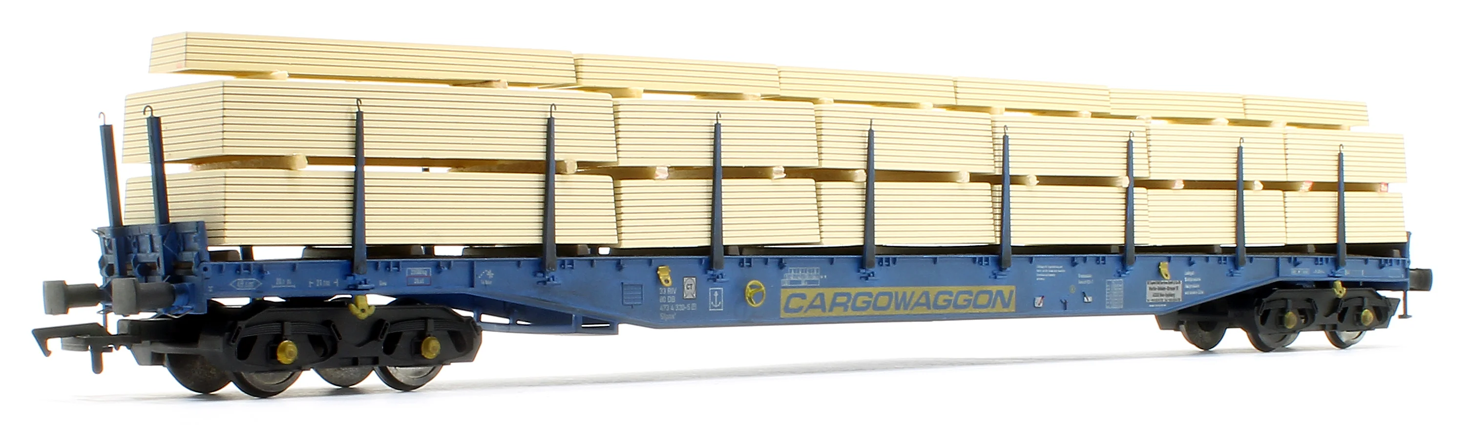 5114 IGA Cargowaggon bogie flat in CARGOWAGGON blue with timber load 4734 320 - Weathered
