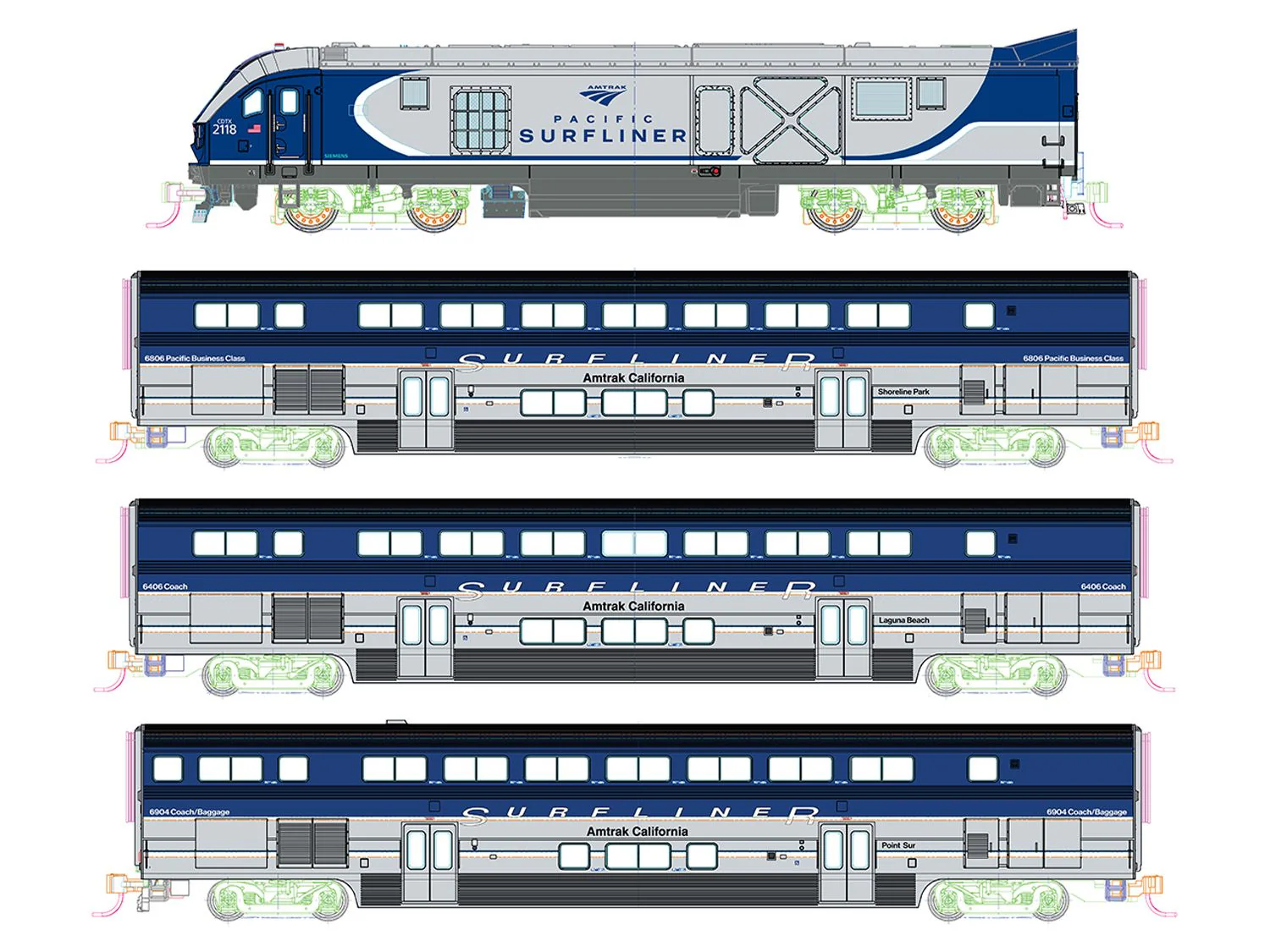 106-9001-DCC Amtrack SC-44 Surfliner 4 Car Train Pack - DCC-Fitted