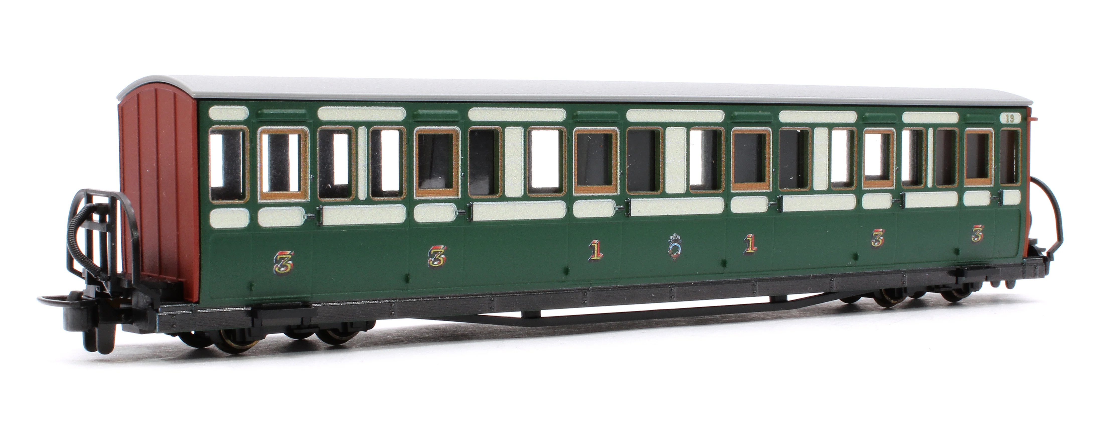 GR621A Ffestiniog Railway Long 'Bowsider' Bogie Coach, Early Preservation Green, No.19