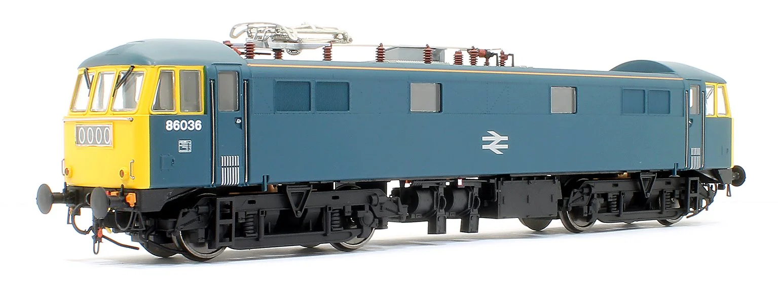 Pre-Owned 8655 Class 86/0 'AL6' Bo-Bo Electric Locomotive BR Rail Blue 86036 with double arrow logo, full yellow ends and orange cantrail stripes