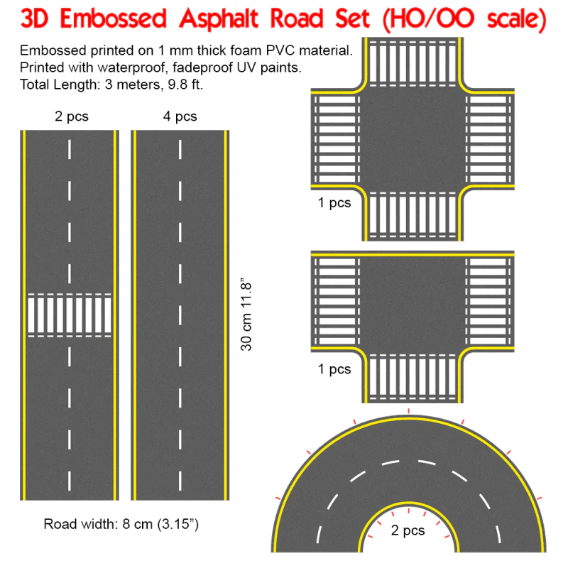 P3D-UV-02 HO Scale UV Printed 3D PVC Road Set (Asphalt) - Image 2