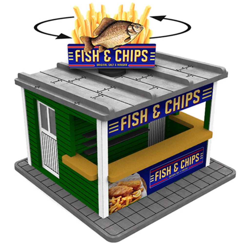PLS-045 O Scale Fish & Chips Stand w/Rotating Banner and Illumination