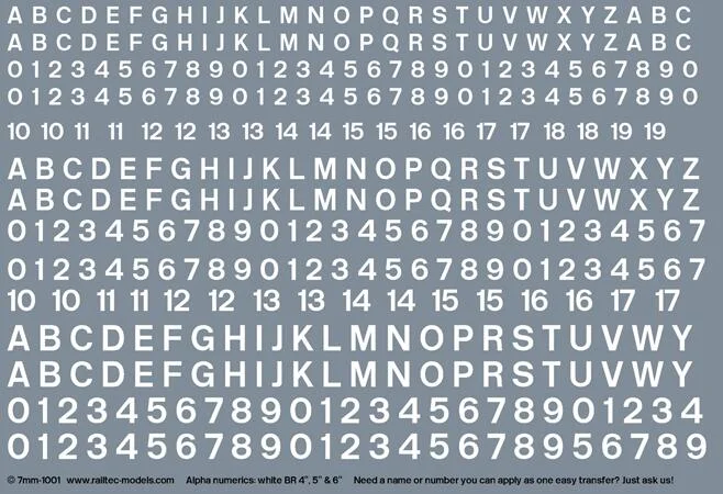 RT-7-1001 Numeric / Alphabet Sheet: White BR. (2.33mm, 2.9mm and 3.5mm) Transfer