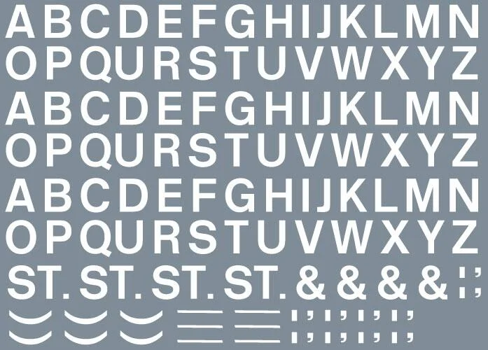 RT-ALL-0020 Numeric/alphabet sheet: white BR lettering (6.67mm high) Transfers
