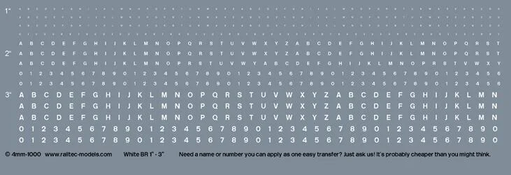 RT-4-1000 Numeric/Alphabet Sheet: White BR Scale 1-3" for OO Gauge Waterslide Decals Transfer