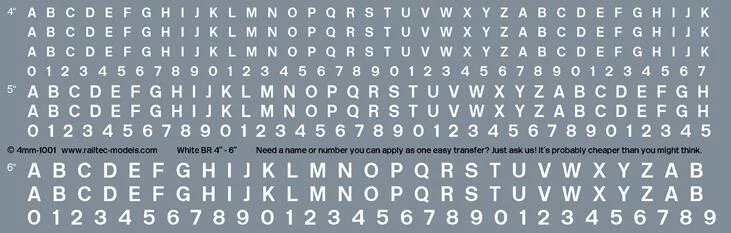RT-4-1001 Numeric/Alphabet Sheet: White BR Scale 4-6" for OO Gauge Waterslide Decals Transfer
