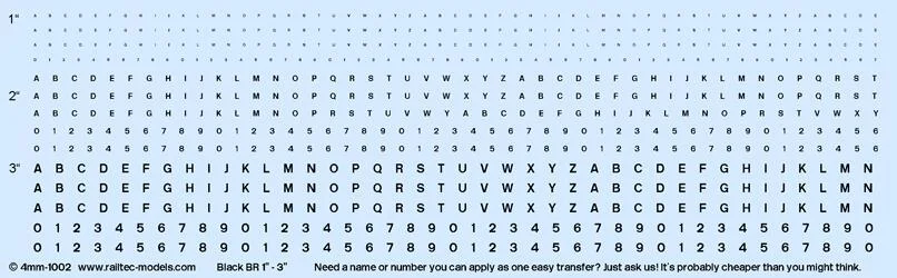 RT-4-1002 Numeric/Alphabet Sheet: Black BR scale 1" - 3" for OO Gauge Waterslide Decals Transfer