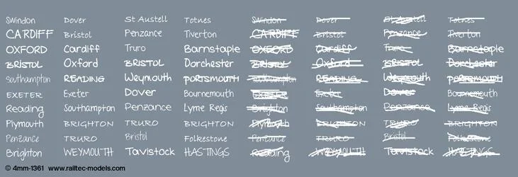 RT-4-1361 Handwritten Chalk Destinations: South / South-West Waterslide Decals Transfer