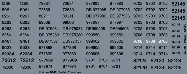 RT-4-2042 Network Rail numbers - coaches (inc DVTS) OO Gauge Waterslide Decals Transfer