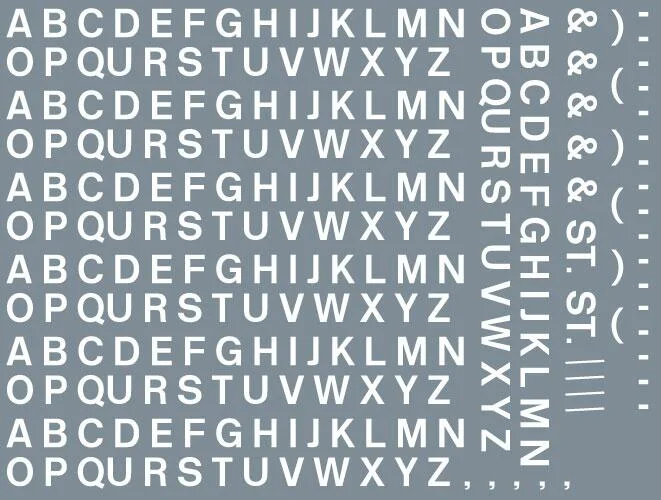 RT-ALL-0012 Numeric/alphabet sheet: white BR lettering (4mm high) Waterslide Decals Transfer
