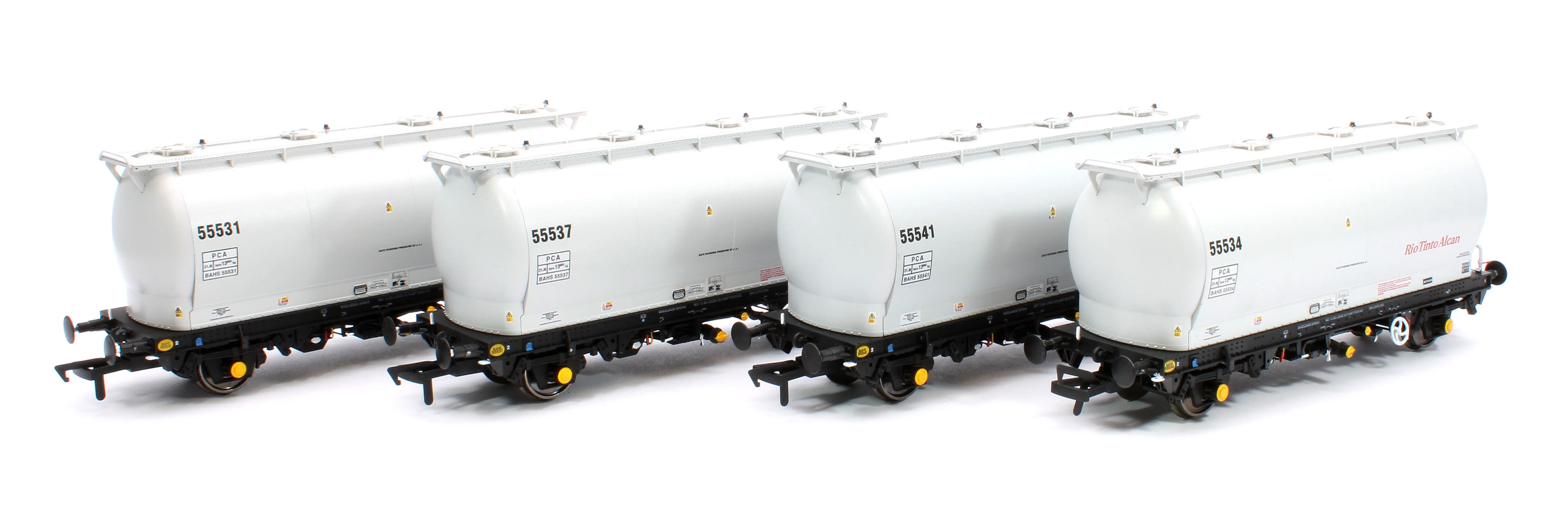 RT-PCA20-203H Pack of 4 RioTintoAlcan liveried PCA tanks (no ladders). Numbers: 55531, 55534, 55537, 55541