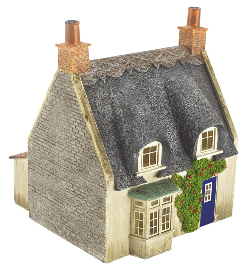 44-122G Thatched Cottage - Grey Stone & Blue Door