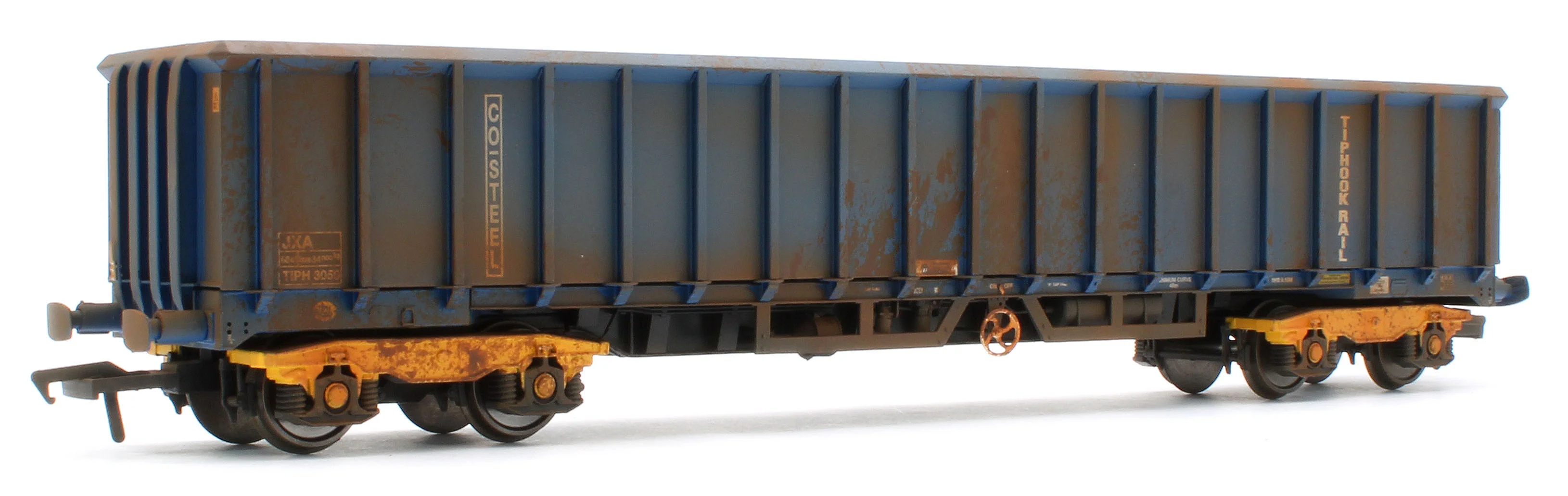 JXA01 TP(B)W Bespoke Weathered Set of 3 JXA Bogie Scrap Wagons TIPH Blue Post 1998 Black & White Data Panels & OHLW Sticker No.3018/3020/3050 - Image 10