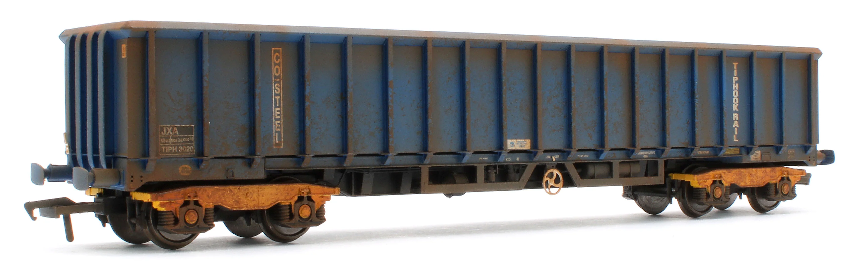 JXA01 TP(B)W Bespoke Weathered Set of 3 JXA Bogie Scrap Wagons TIPH Blue Post 1998 Black & White Data Panels & OHLW Sticker No.3018/3020/3050 - Image 2