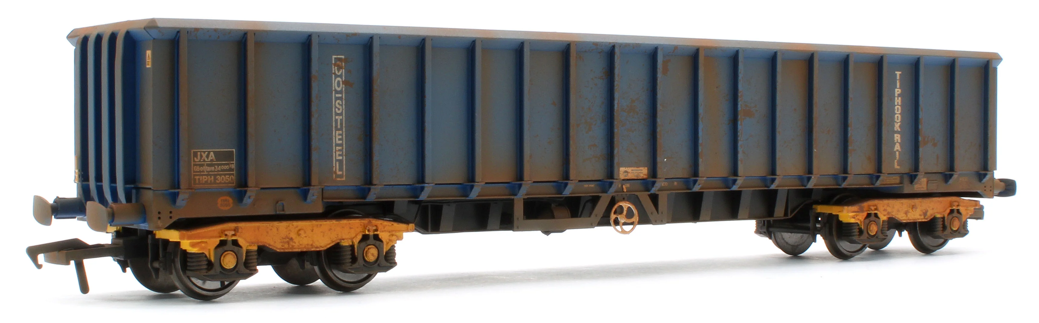 JXA01 TP(B)W Bespoke Weathered Set of 3 JXA Bogie Scrap Wagons TIPH Blue Post 1998 Black & White Data Panels & OHLW Sticker No.3018/3020/3050 - Image 8