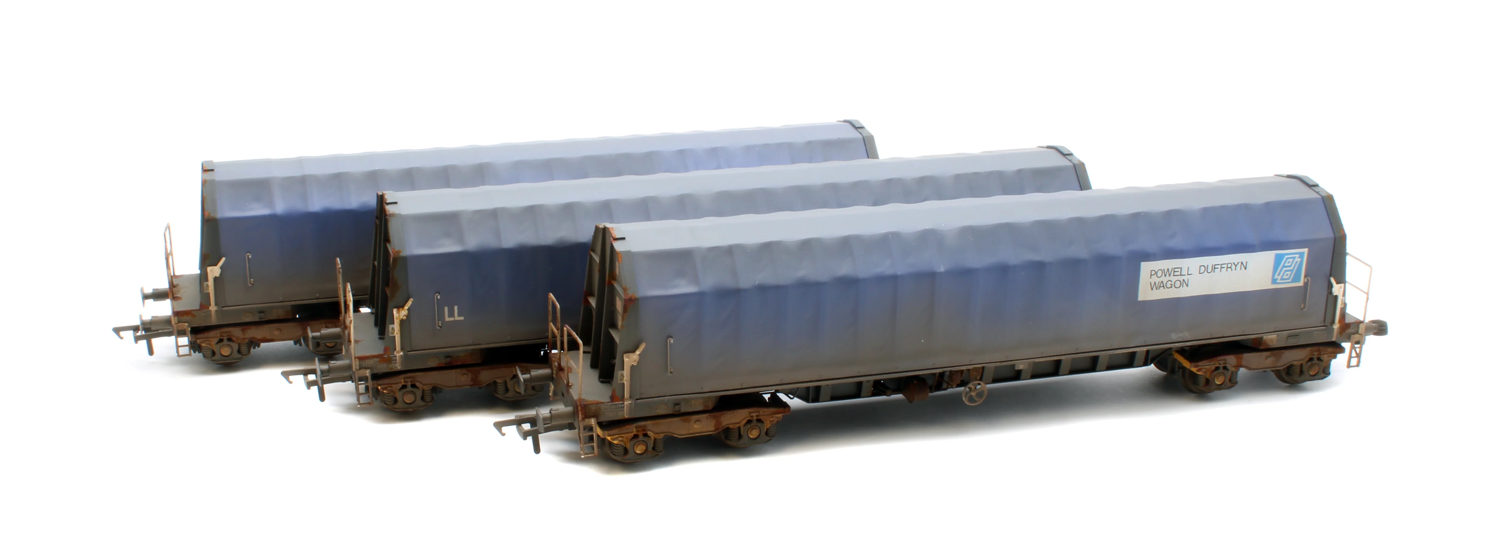 PXA01 TP(D)W Bespoke Weathered Set of 3 PXA Steel Coil Carrier PD Blue Tops Code JSA, Yellow Bogies & OHLW Sticker No.3032/3055/3041 - Image 2