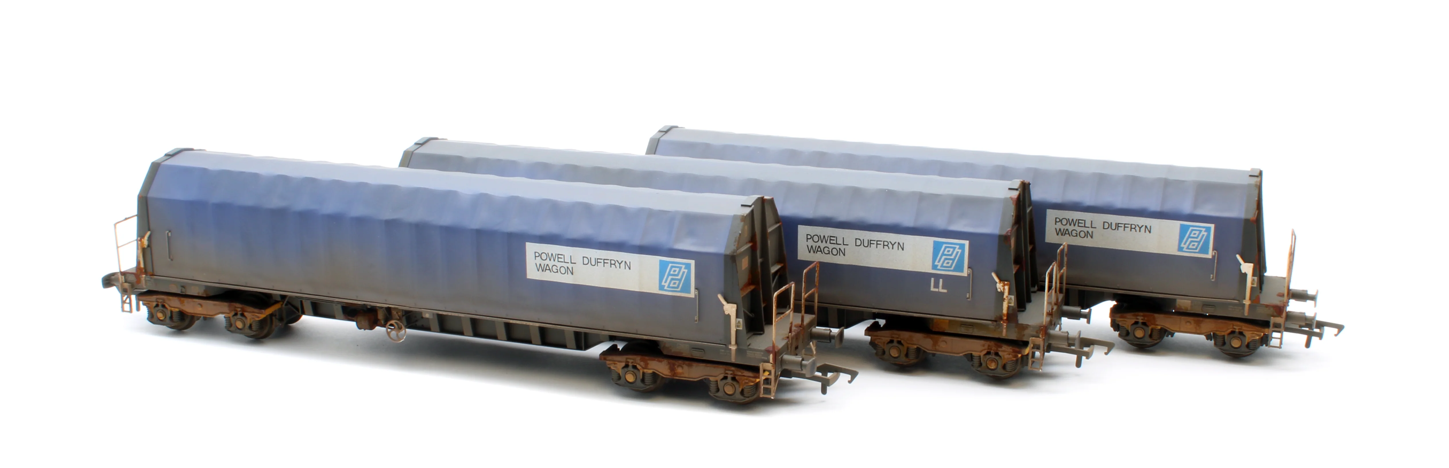 PXA01 TP(D)W Bespoke Weathered Set of 3 PXA Steel Coil Carrier PD Blue Tops Code JSA, Yellow Bogies & OHLW Sticker No.3032/3055/3041 - Image 3