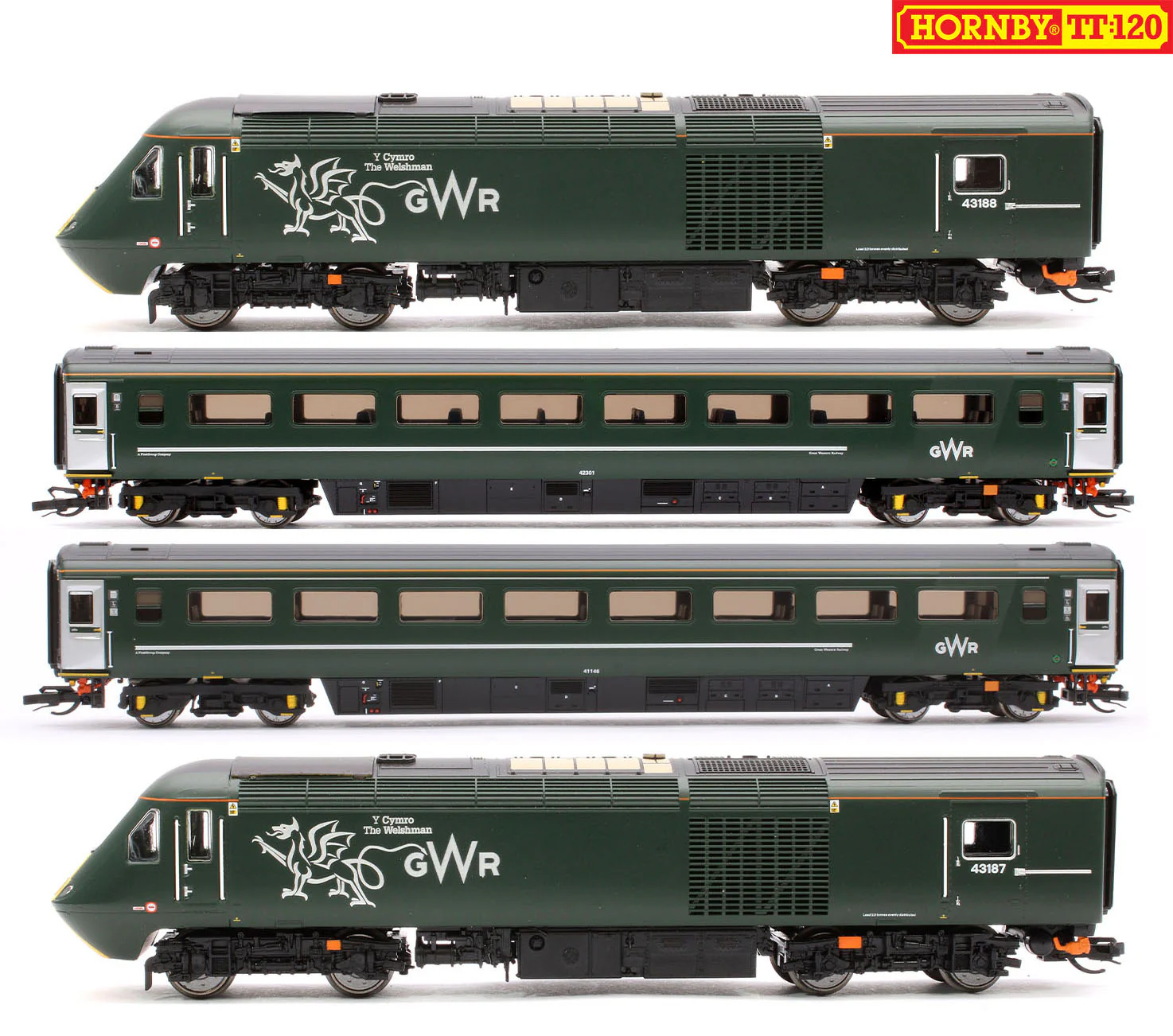 GWR-HST+2-BUNDLE Set of 4 GWR TT:120 Class 43 HST & Mk3 Coaches