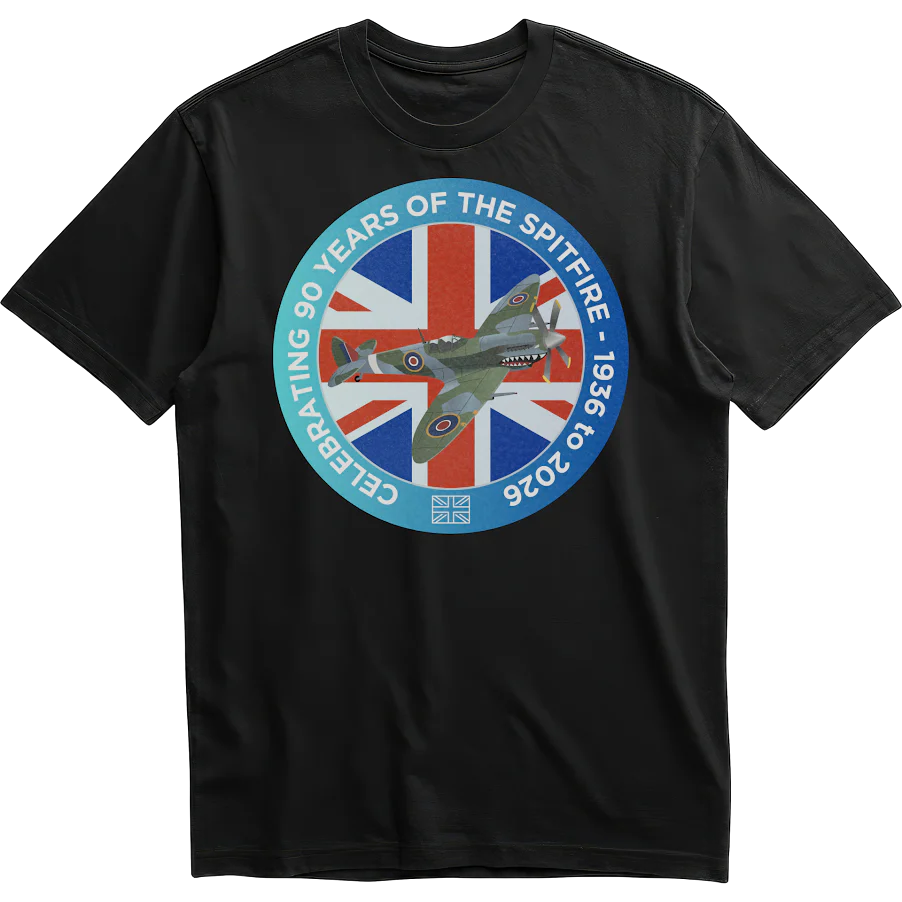SPITFIRE90-TEE-BK Supermarine Spitfire 90th Anniversary T-Shirt (Black)