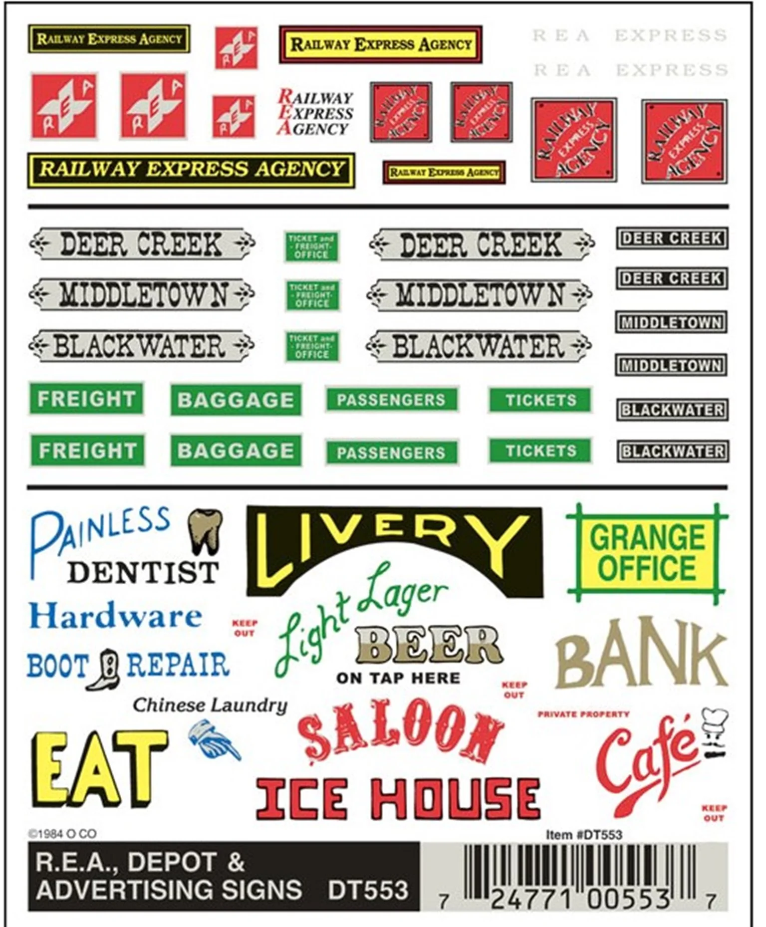 WDT553 DT553 WOODLAND SCENICS - Decals - R.E.A., Depot & Advertising Signs