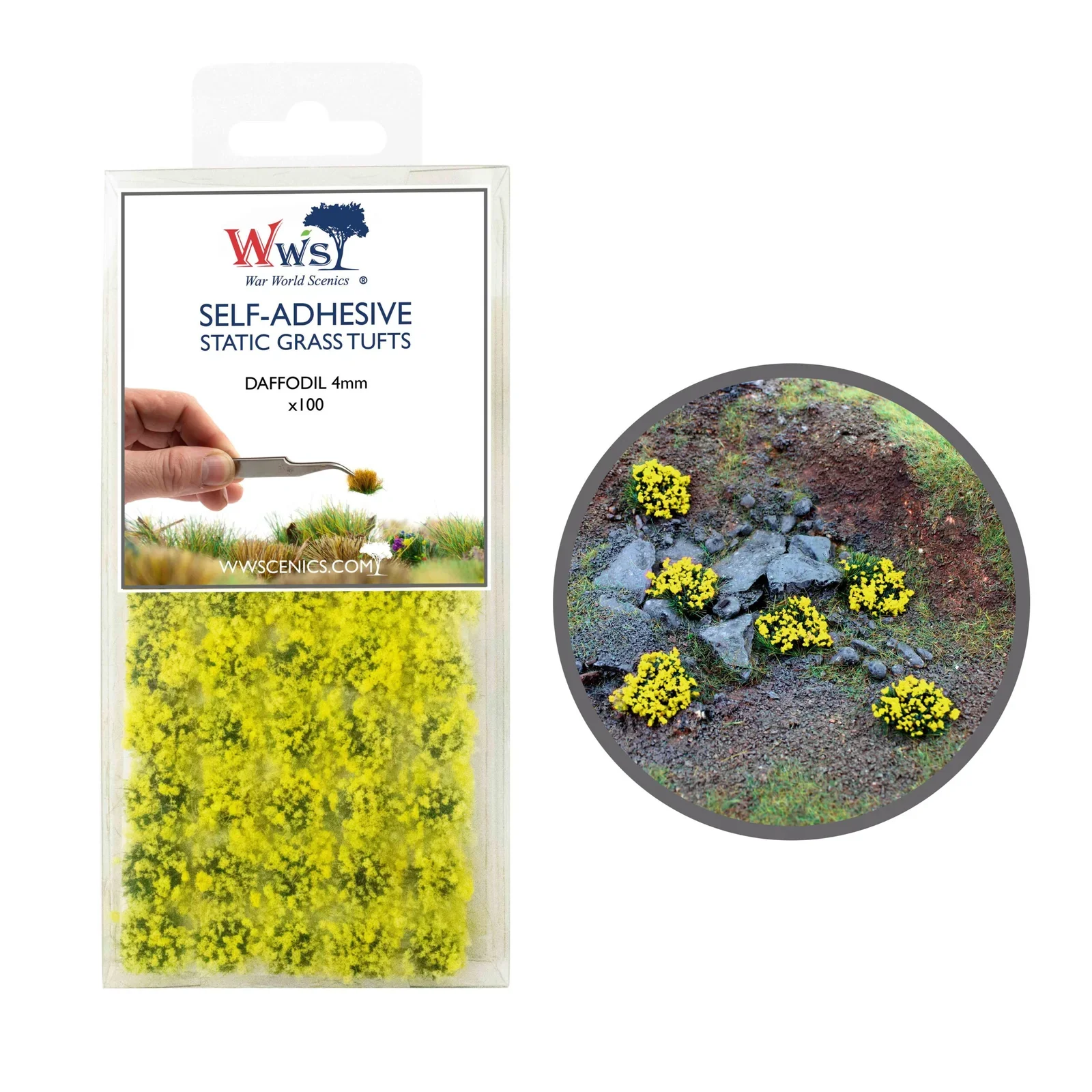 W3T-DA4 4mm Daffodil Self-Adhesive Static Grass Tufts x 100 - Image 2