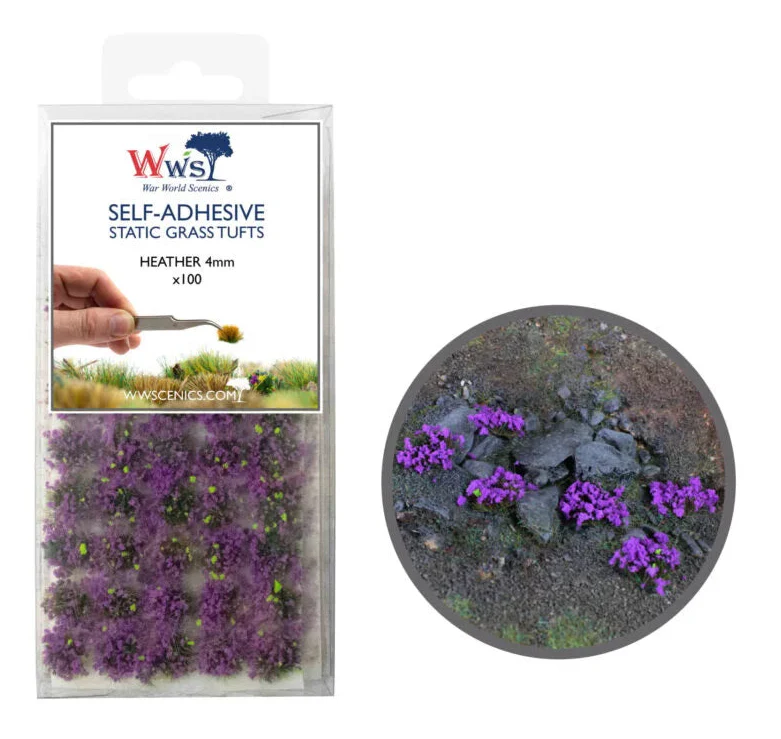W3T-HE4 4mm Heather Self-Adhesive Static Grass Tufts x 100 - Image 2