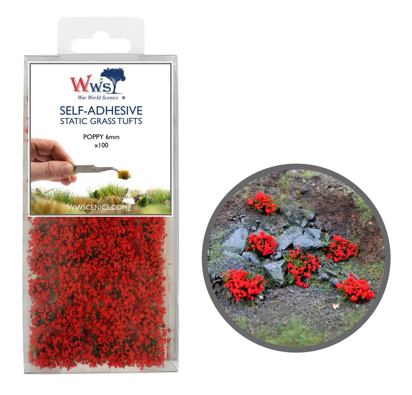 W3T-PO6 6mm Poppy Self-Adhesive Static Grass Tufts x 100 - Image 2